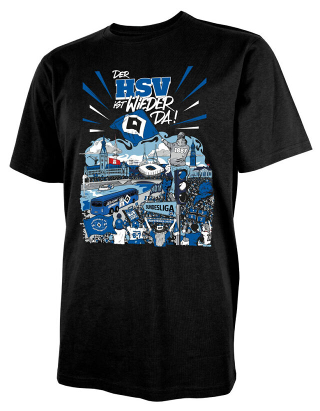 Auf dem Bild ist das offizielle Aufstiegsshirt des Hamburger SV zu sehen. Das schwarze T‑Shirt trägt einen auffälligen, farbenfrohen Aufdruck in Blau, Weiß und Grau mit dem Schriftzug „Der HSV ist wieder da!“. In der Grafik sind Hamburger Wahrzeichen, das Volksparkstadion, jubelnde Fans und der Mannschaftsbus dargestellt. Der Schriftzug „Bundesliga – Aufstieg 2025“ macht deutlich, dass das Shirt den erfolgreichen Wiederaufstieg des HSV feiert.